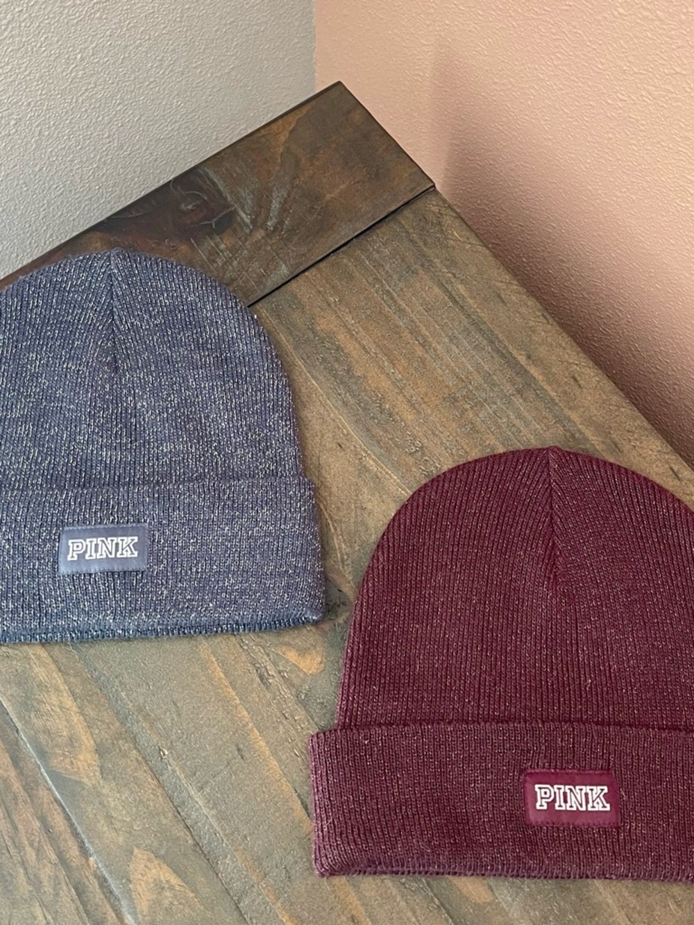 PINK Victoria's Secret Metallic Knit Beanie Set- Navy & Burgundy